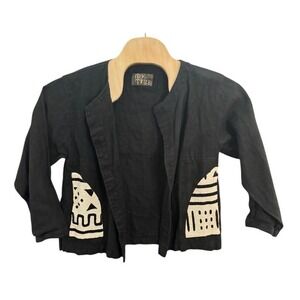 My Tribe Joy Burton Black 100% Linen Graphic Print Open Front Jacket Mens Medium